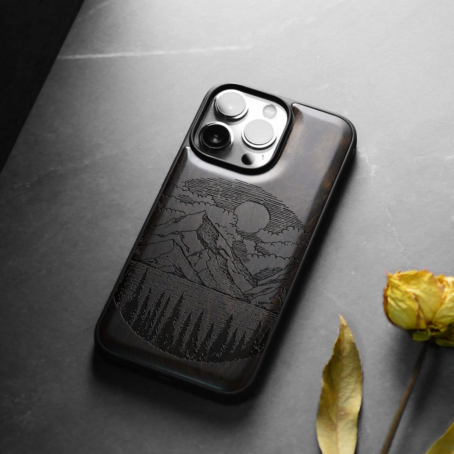 Carveit Magnetic Wood Case for iPhone 14 Pro Max [Natural Wood & Black Soft TPU] Unique & Classy Wooden Shockproof Protective Cover Compatible with magsafe (Alpine Lake -Blackwood)