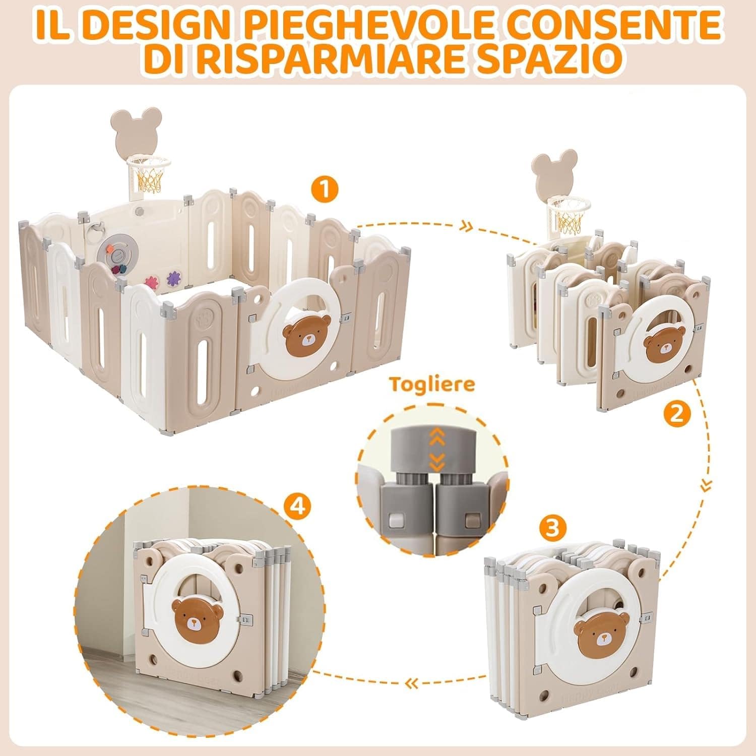 Box Bambini Pieghevole, Recinto per Bambini 143x143x64 cm, Box Neonato Forma Regolabile, con Canestro da Basket, Pallacanestro e Tavola per Giocattoli, Forte Ventosa sul Fondo, Materiale HDPE Atossico