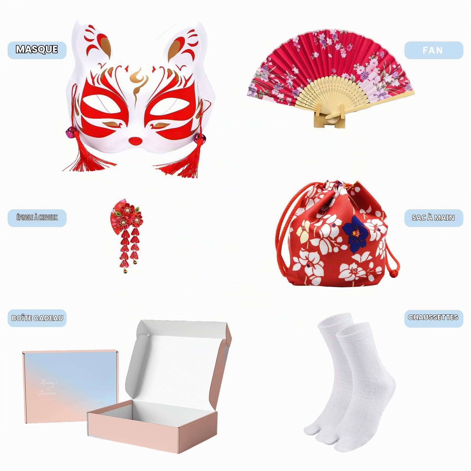 Ensemble Kimono Japonais Femme 9 Pièces - Yukata Satin avec Obi, Nœud Papillon, Masque Renard, Éventail, Tabi, Pochette et Barrette - Déguisement Geisha Large pour Carnaval & Cosplay Coffret Cadeau