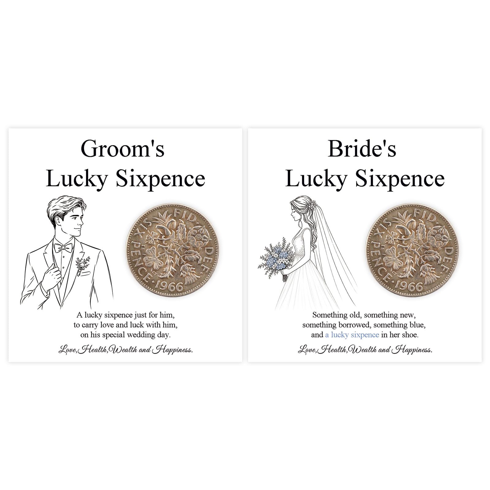 Lucky Sixpence Coin and Wedding Card for Bride Groom,1966 Silver Sixpence for Wedding Day Keepsake,Traditional Good Luck Token for Daughter Son Friend(Mr & Mrs)