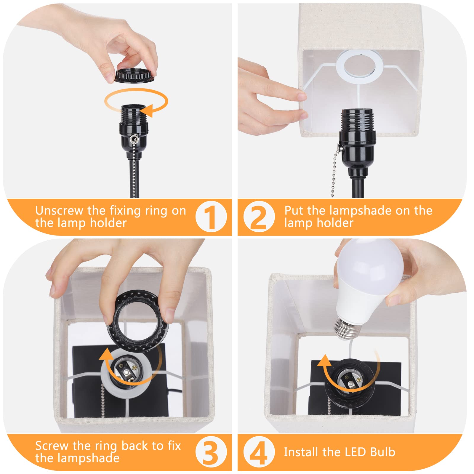 Bedside Table Lamp, Pull Chain Table Lamp with 2 USB Charging Ports, 2700K LED Bulb, Fabric Linen Lampshade, Nightstand Lamp for Livingroom Bedroom Office Reading Working