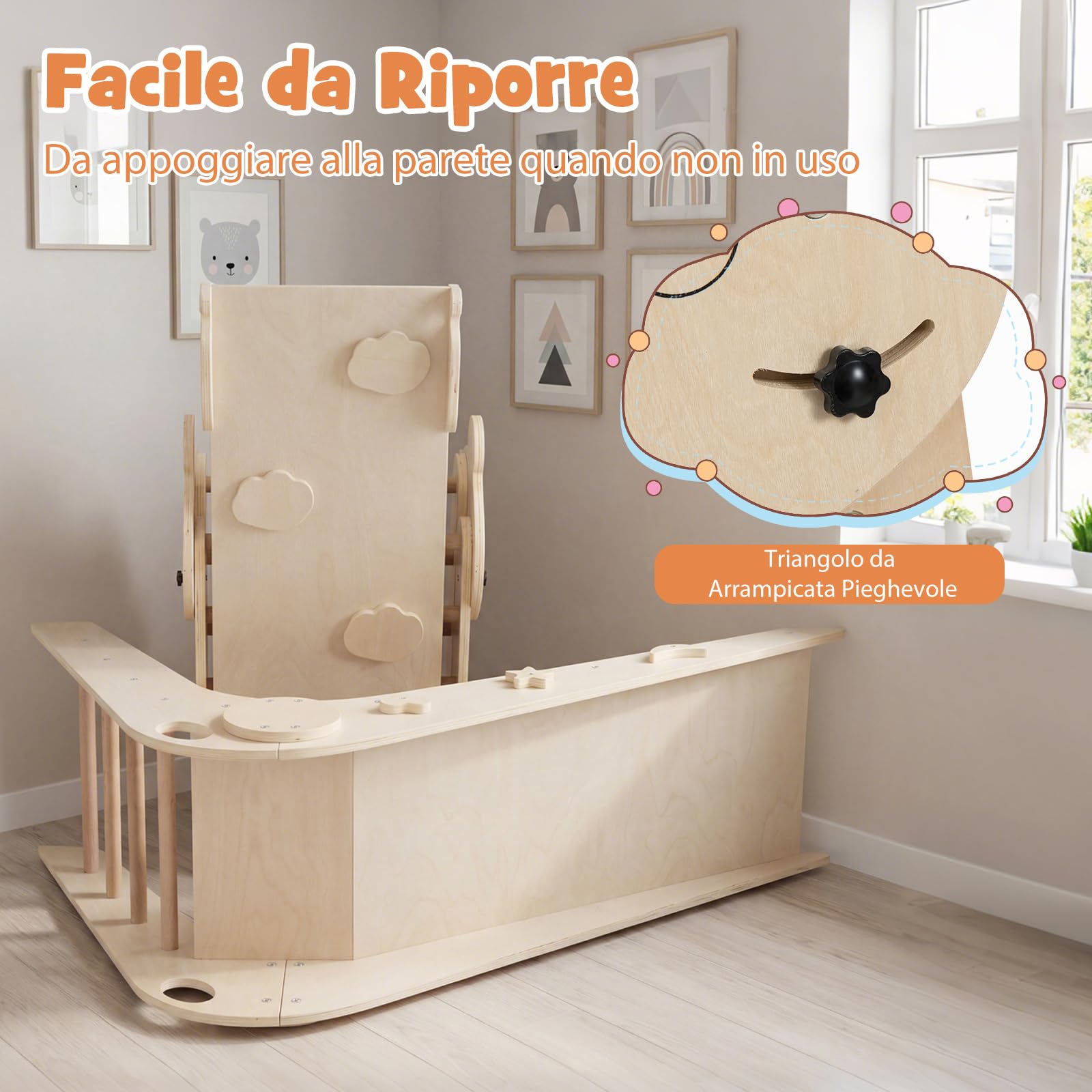 COSTWAY Set da Arrampicata per Bambini, Set Montessori Pieghevoli in Legno, Parco Giochi per Bambini con Scivolo, Rampe, Scala e Blocchi, 3 Anni + (Naturale)