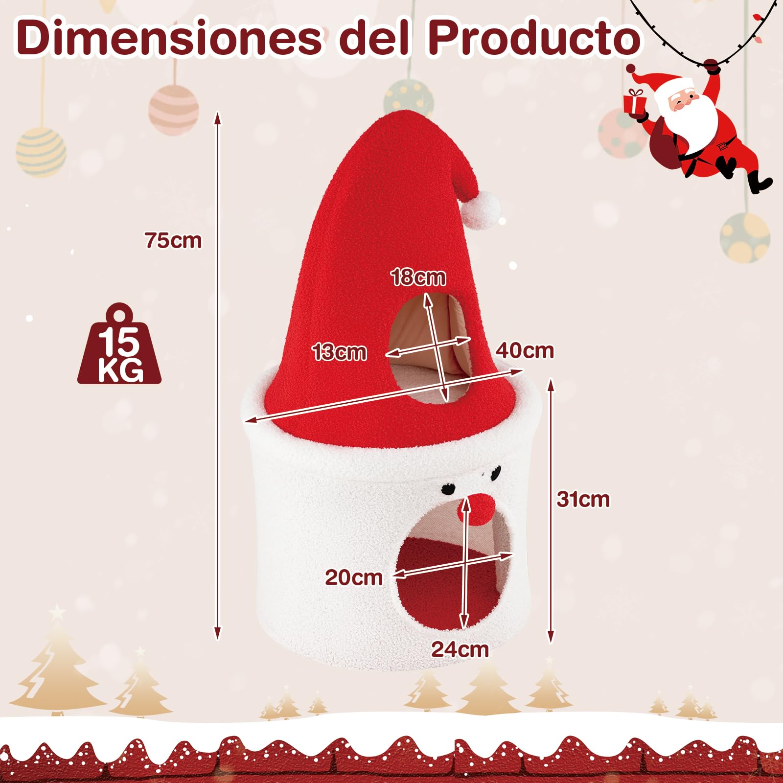 COSTWAY Árbol de Navidad para Gatos, 75 CM Torre para Gatos en Forma de Papa Noel con Percha Superior Acolchada, Condominio, Suave Cojín de Felpa, Casa Gato de Interior para Decoración Navideña