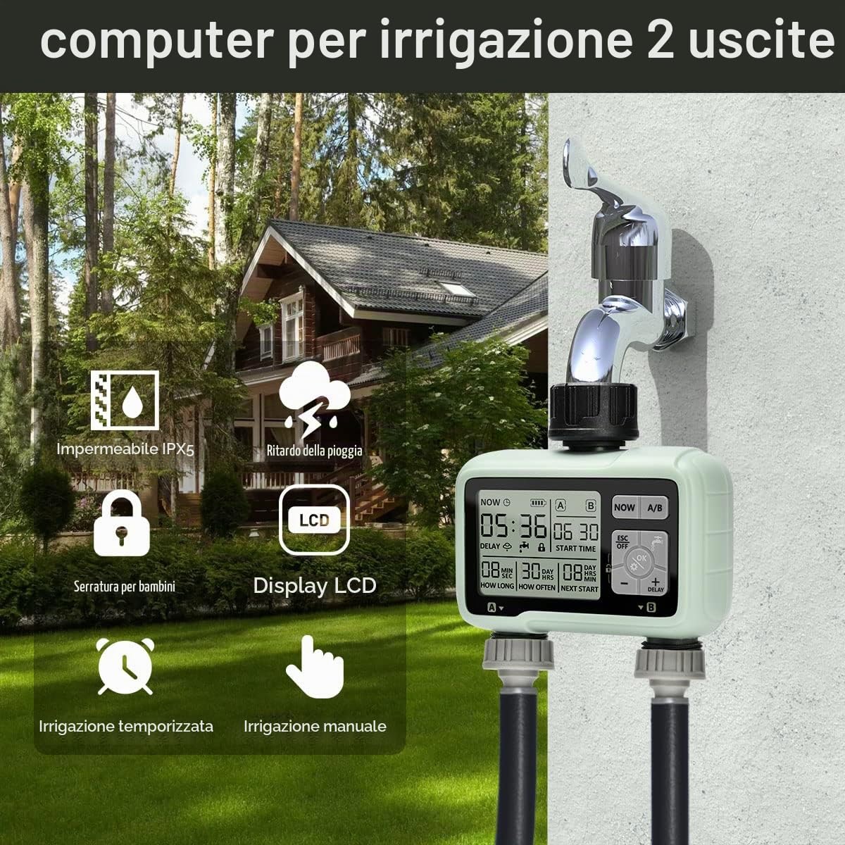 Timer Irrigazione 2 vie, Computer Giardino Irrigazione Timer,Timer Acqua Giardino Programmabile con Ritardo Pioggia, Modalità di Irrigazione Automatica e Manuale, per Giardino, Prato, Patio, Fattoria
