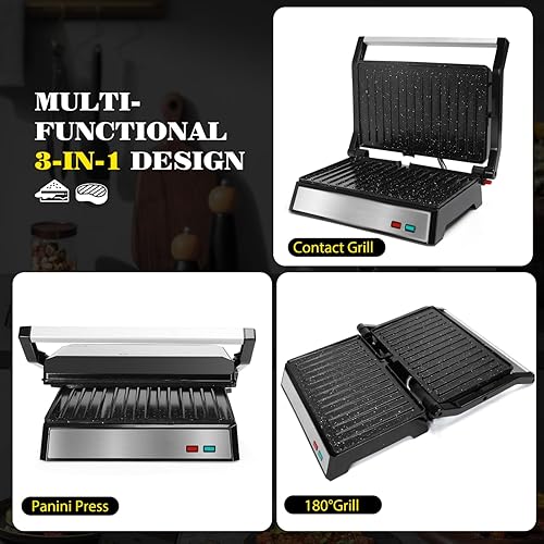 Miniatura 7 de Aigostar Panini Press, sandwichera de 1200 W y parrilla eléctrica para interiores con placas de cerámica antiadherentes, se abre 180 para adaptarse