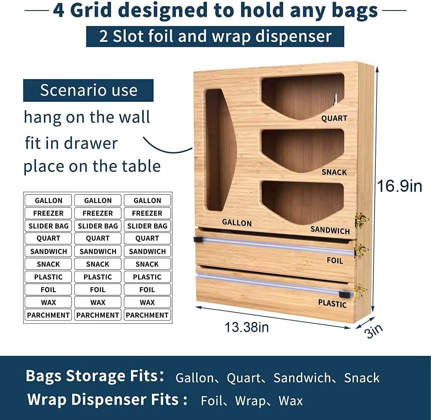 lesolar Foil and Plastic Wrap Organizer,Plastic Wrap Dispenser with Cutter and Ziplock Bag organizer,kitchen drawer organizer,Cling Film,Wax and Aluminum Foil