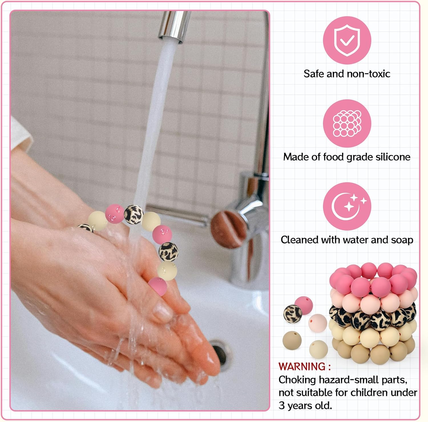 100 Pcs 15mm Silicone Beads for Keychain Making, Pink Gream Silicone Beads Bulk Round for Bracelets Pens Crafts Jewelry Making (Pink Gream) - Image 3