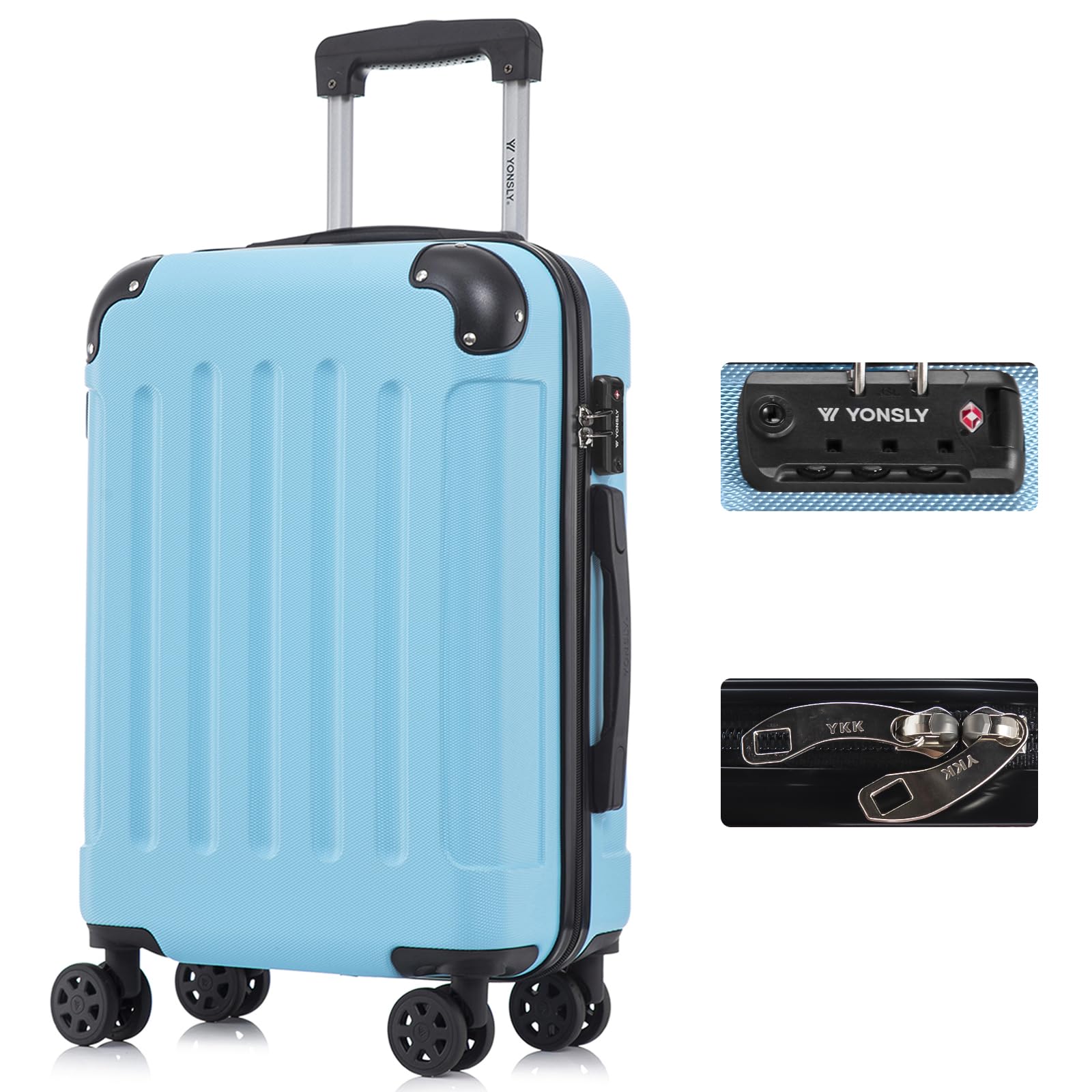 YONSLY Premium Reisekoffer TSA-Schloss,YKK-Reißverschluss Hartschalen-Koffer Trolley Kabinenkoffer Rollkoffer Suitcase Handgepäck 4 Rollen (Hellblau, M)