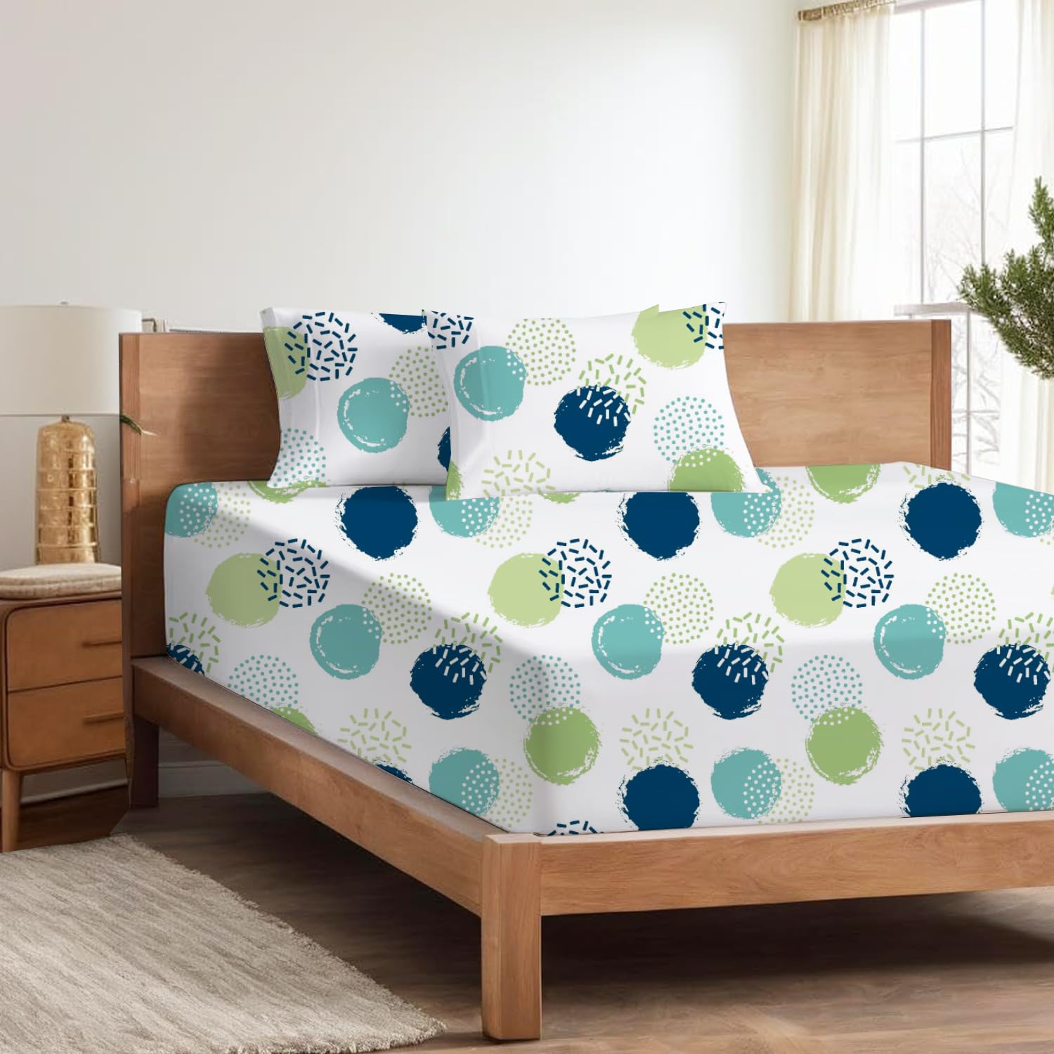 Bed Sheet for King Size Bed – Circle Pop Design – 108 x 108 Inches – Brushed Microfiber Flat Bedsheet with Pillow Covers – Soft, Wrinkle-Free & Cooling Bedding