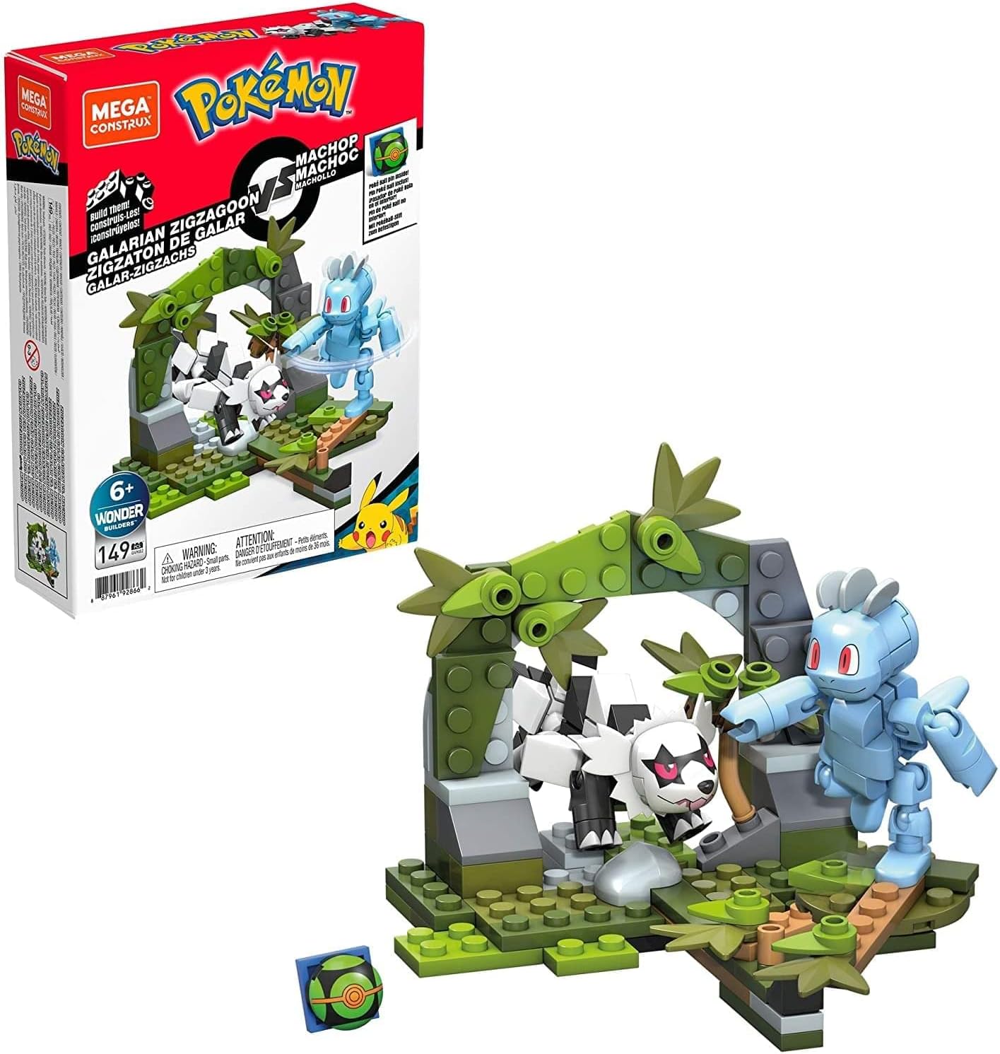 Mega Construx Pokemon Machop Vs. Galarian Zigzagoon Construction Set, Building Toys for Kids (GVK82), Red