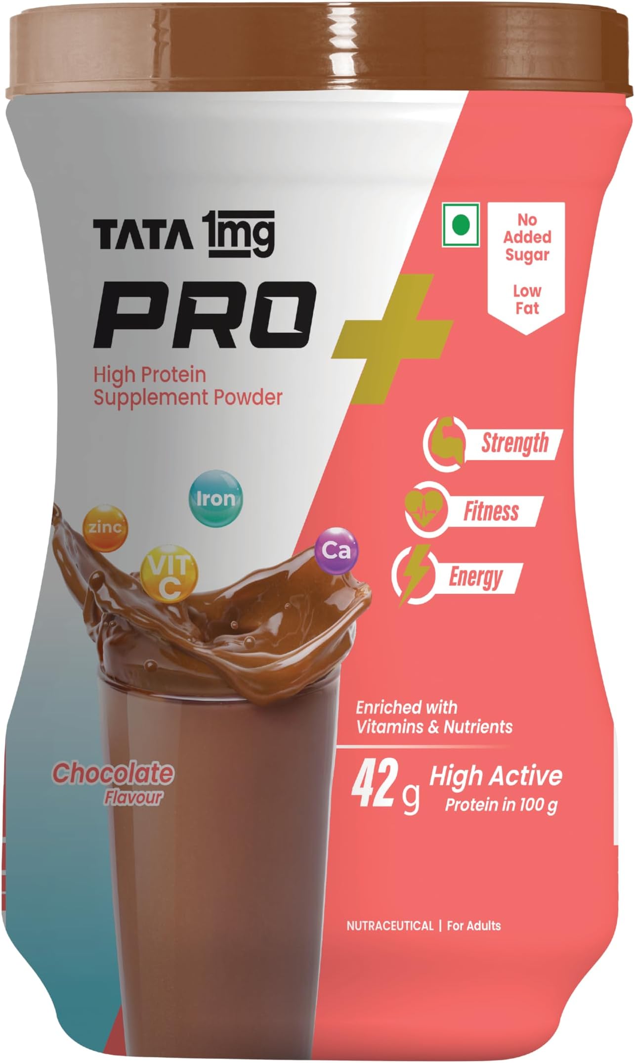 Tata 1mg Pro+ Soy Protein Supplement Powder- High Protein for Muscle & Bone Strength, Overall Fitness, and Energy with 23 essential nutrients,Low Fat & No Added Sugar,Chocolate Flavour