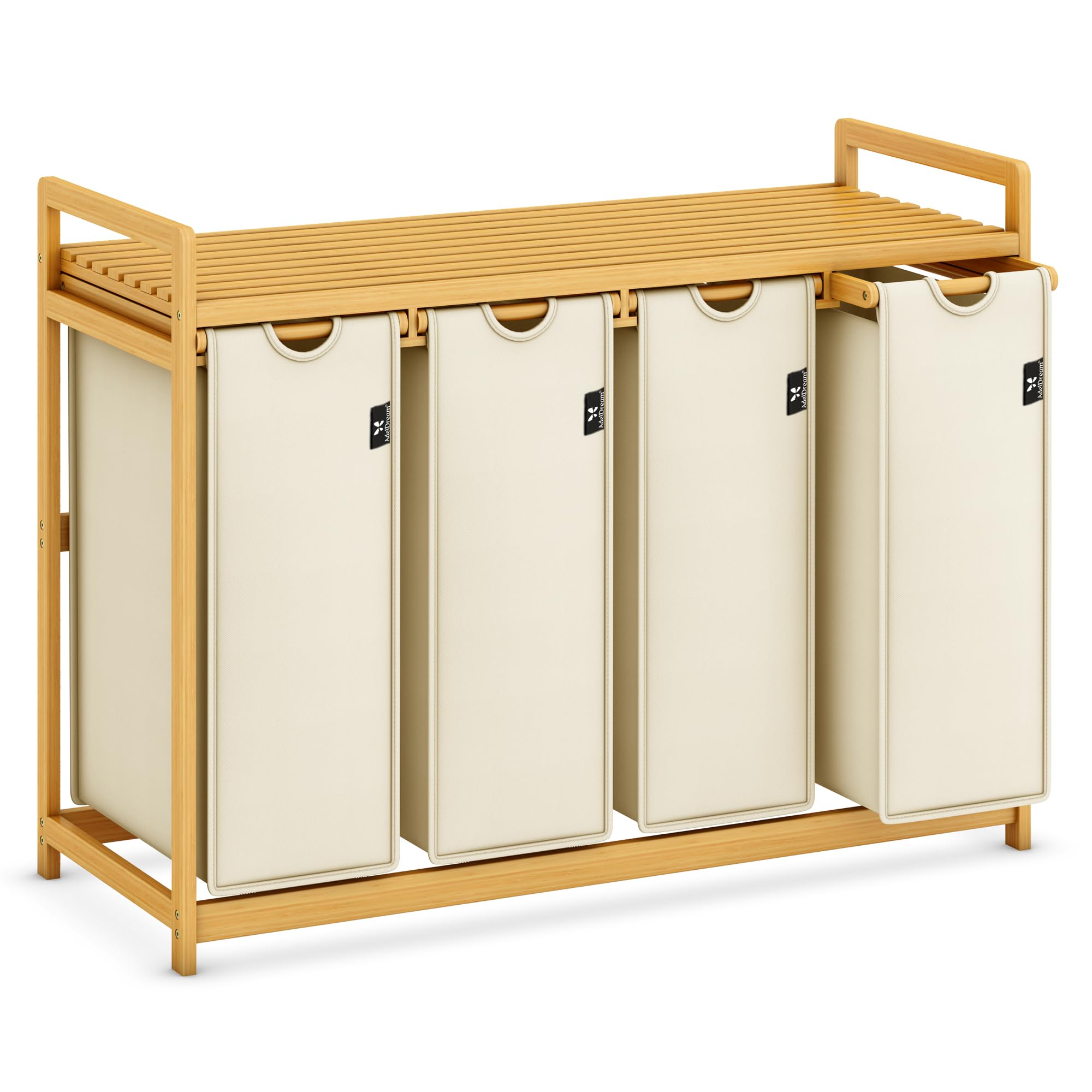 AdelDream Laundry Basket with Bamboo Frame 200L 4 Compartments Extendable and Removable Laundry Bag Laundry Baskets Bamboo Beige