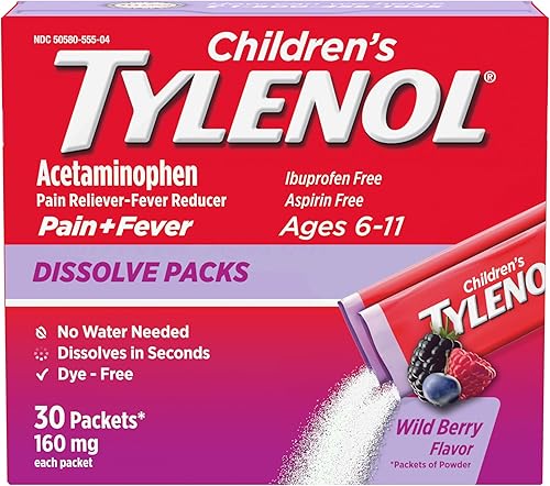 Tylenol - Sobres de 160 miligramos de acetaminofeno en polvo disolvente para niños, sabor a baya silvestre, 30 unidades.