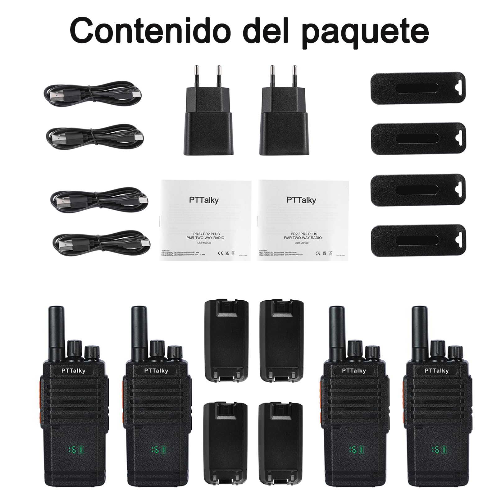 Walkie Talkie PTTalky PR2 Plus PMR446 sin Licencia Larga Distancia 4Pizaes | 16 Canales Walkie-Talkie de Larga Distancia con Pantalla,Soporta VOX, para Senderismo, Camping,Industria, Lagerhaus