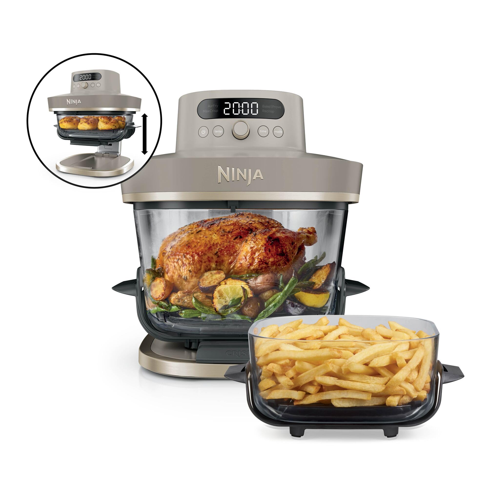 Ninja CRISPi PRO XL, Friteuse sans huile, bols 5,7l et 2,3l AS090EUSD | 5 modes de cuisson prédéfinis, avec contenants en verre CleanCrisp de 5,7 l et 2,3 l, couvercles de rangement, Stone/Or