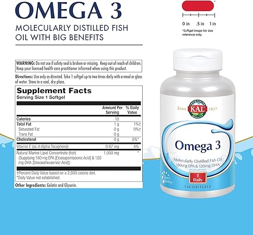 Miniatura 2 de KAL Omega 3  Aceite de pescado omega-3 para un apoyo saludable para el corazón, las articulaciones y el cerebro  180 mg EPA, 120 mg DHA (120 CT, 120