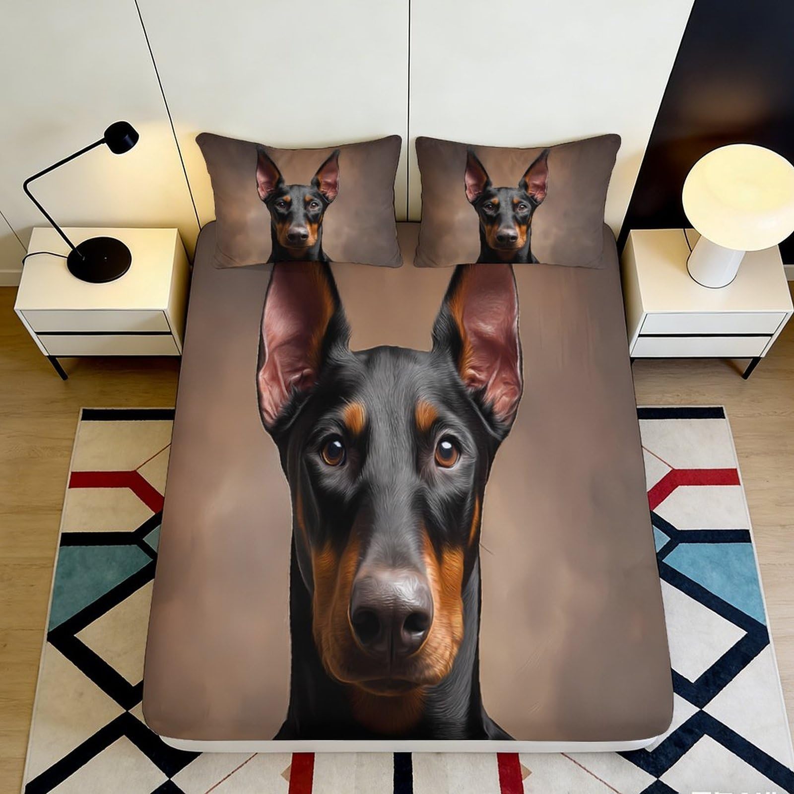 3D Printed Doberman Dog Fitted Sheet Microfiber Bedroom Decor Animal Pattern Mattress Cover for Home Guest Room 90x200x25cm