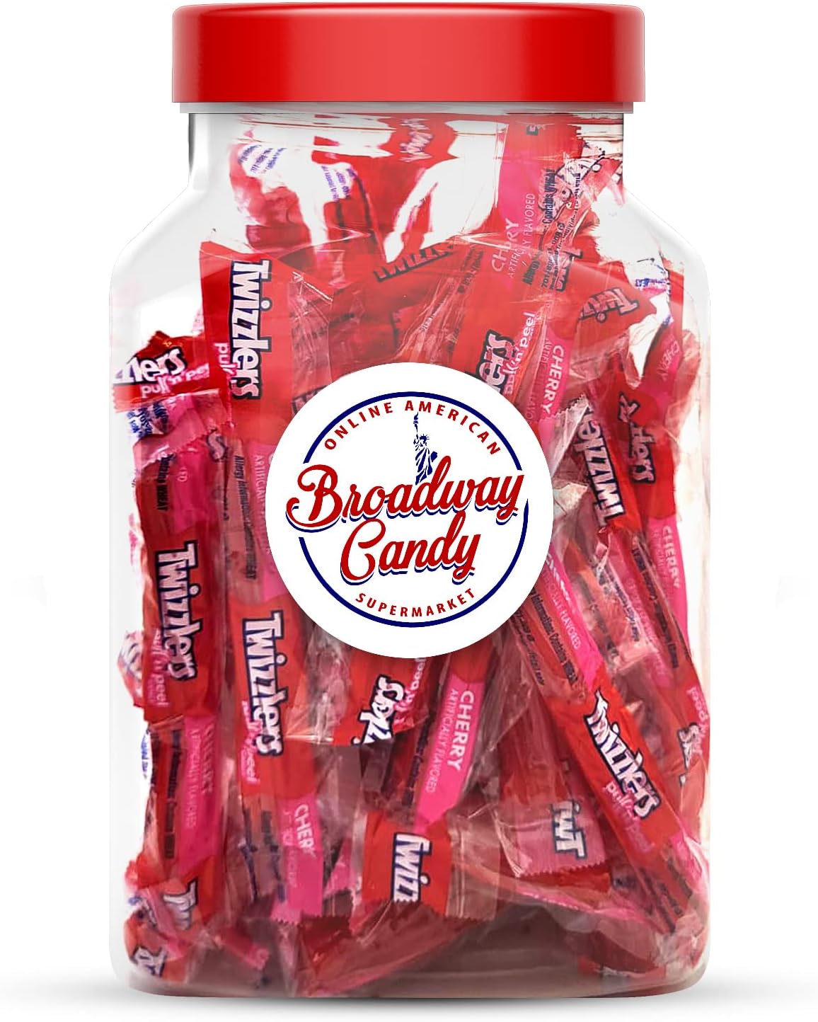 Broadway candyConfectionery Jar 750g - Twizzler Pull n Peel Cherry - Individually Wrapped American Sweets - Bite-Sized Candy Treats - Approximately 60 Pieces