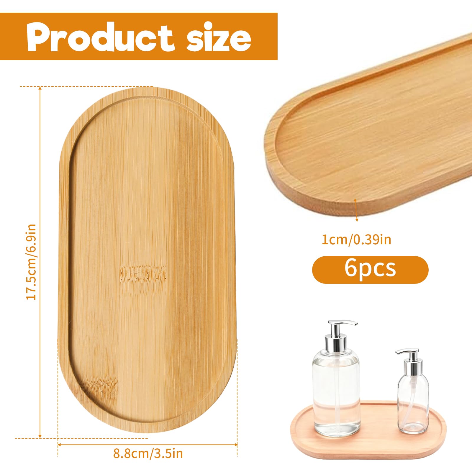 6 sztuk bambusowych tac, 17,5 × 8,8 cm, owalna drewniana taca, mała taca do serwowania, drewniane talerze do jedzenia, picia, kosmetyków, małych przedmiotów, akcesoria prysznicowe