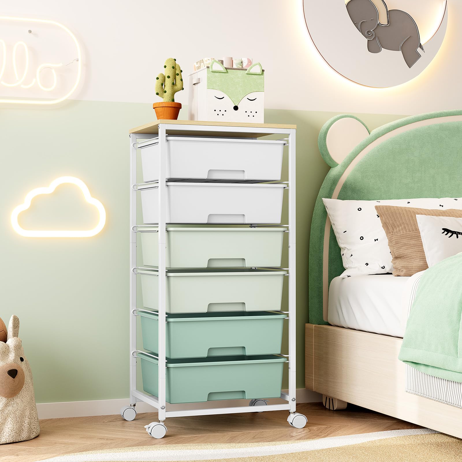 Rollwagen mit 6 Schubladen, Kunststoff, Rollwagen, Rollwagen auf Rädern mit Holztischplatte für Zuhause, Büro, Klassenzimmer, Make-up, Kunstbedarf, Aufbewahrungswagen, Schubladenwagen, Grün