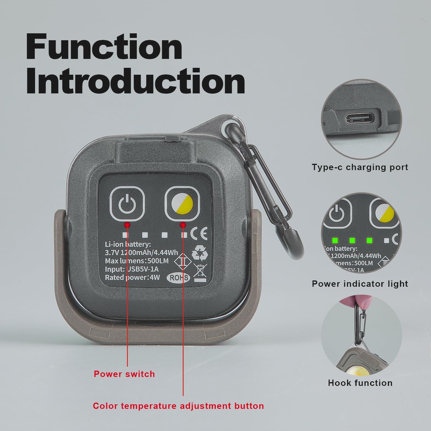 Diagram showing the function introduction of the SUNREI Work Light, highlighting the Type-C charging port, power switch, color temperature adjustment button, power indicator lights, and hook function.