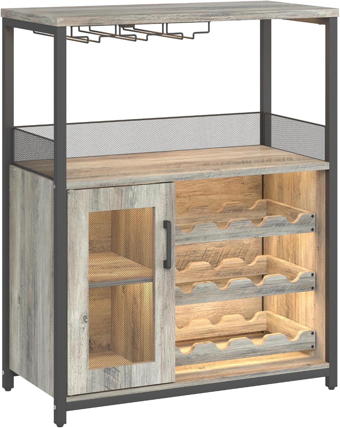 3-Tier Wine Bar Cabinet with Detachable Wine Rack and Drawer, Industrial Sideboard and Buffet Cabinet with Glass Holder and Mesh Door, Durable and Stylish Storage Solution,Grey