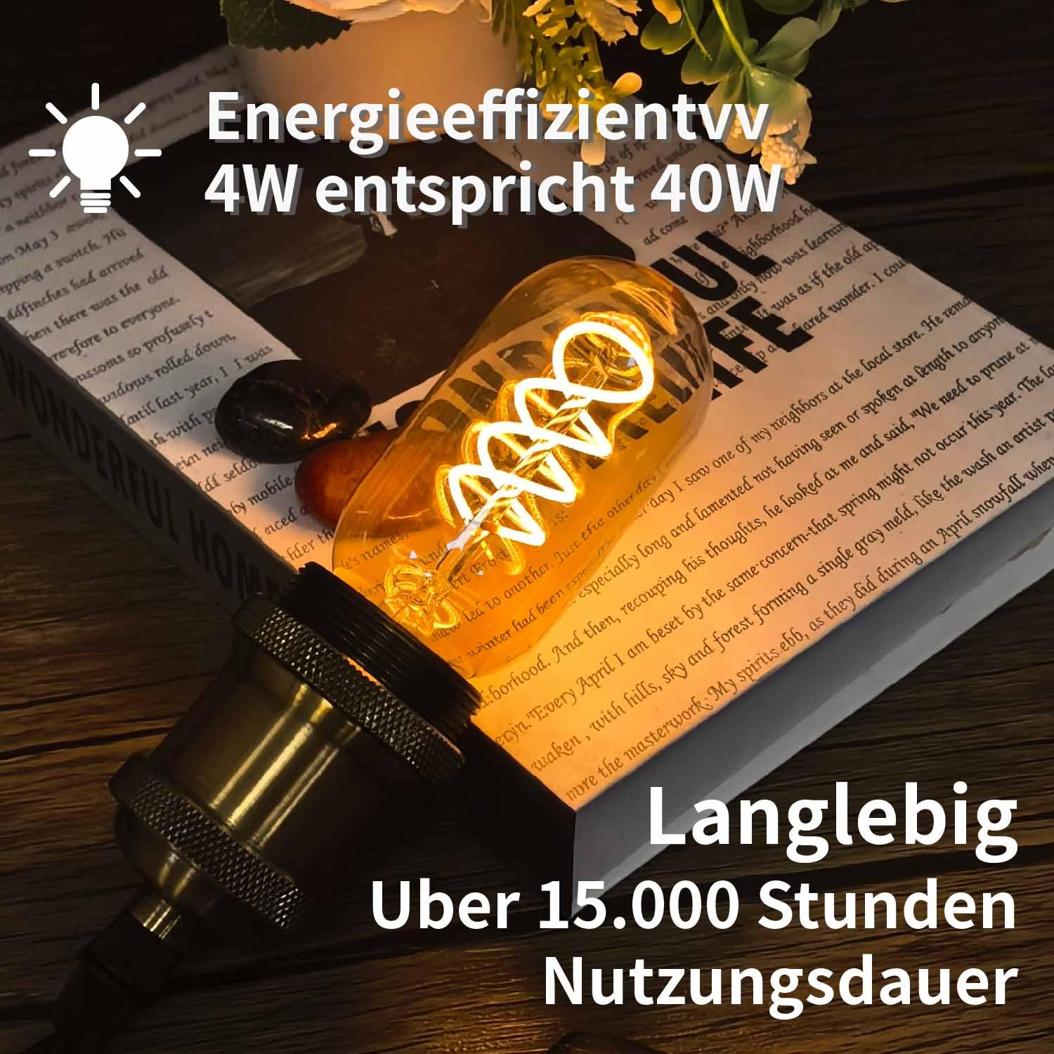 Edison Vintage Glühbirne E27,E27 LED Vintage 4W T45 2700K Warmweiss Retro Glühbirne LED Filament Lampe für Retro Beleuchtung im Wohnzimmer/Schlafzimmer/Esszimmer - Bernstein, 6 Stück