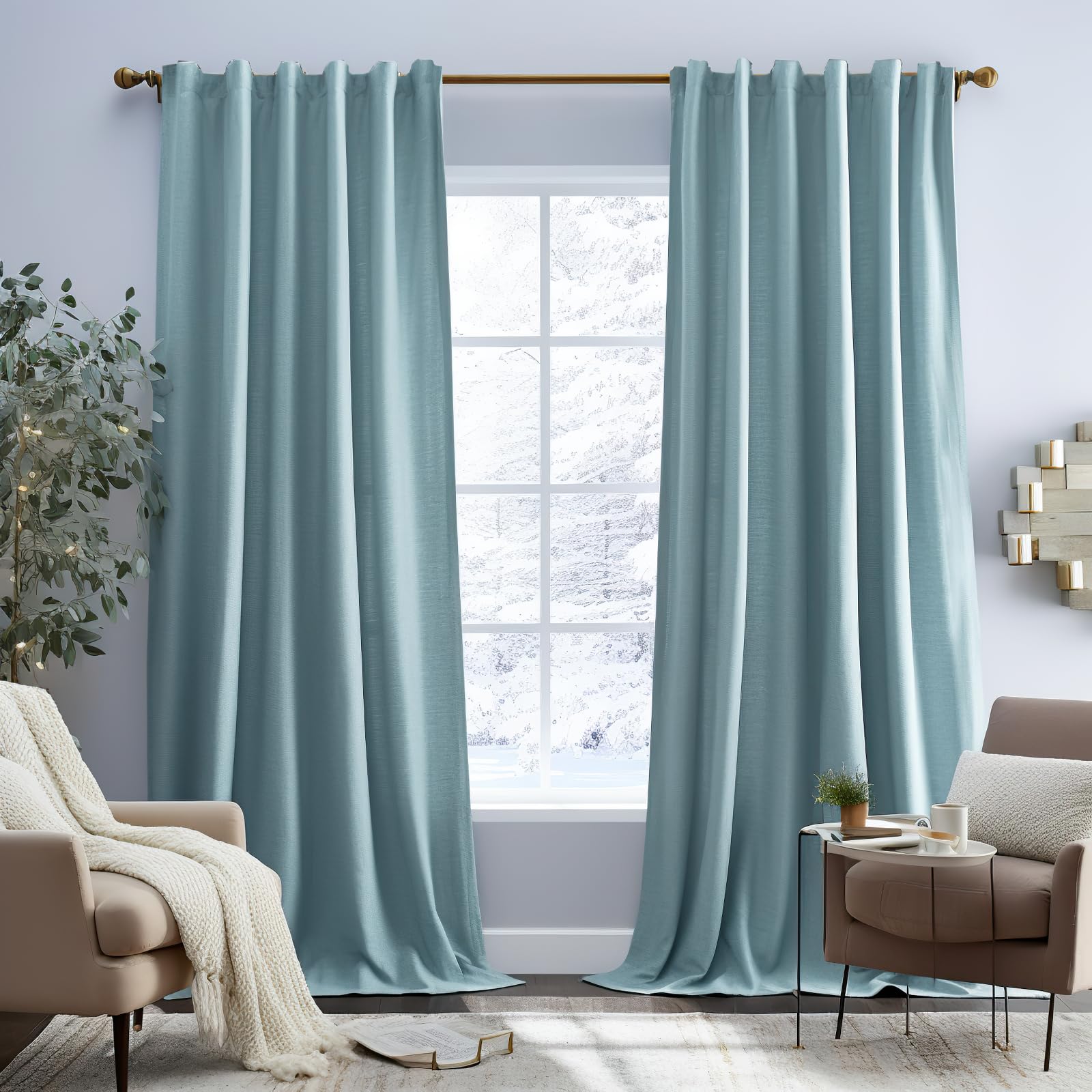 Photo 1 of jinchan Linen Blend Curtains 96 Inches Long for Living Room Farmhouse Rod Pocket Back Tab Light Filtering Window Drapes for Bedroom Curtains Heathered Blue 2 Panels