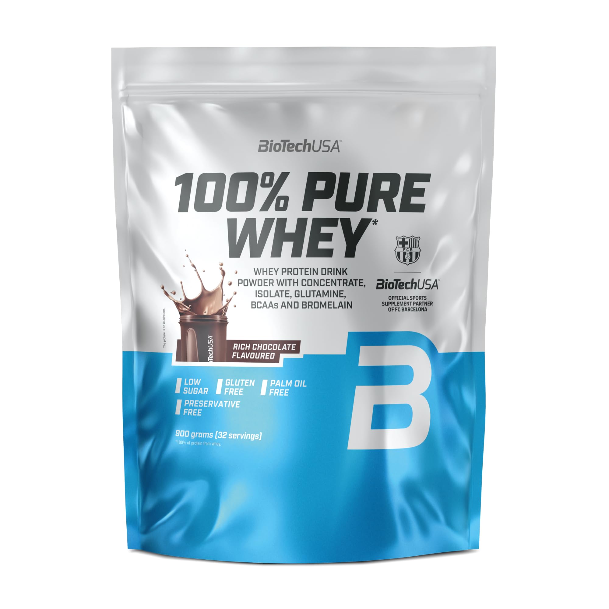 BioTechUSA 100% Pure Whey | proteine del siero da concentrato e isolato | Con BCAA e L-glutammina | enzimi bromelina | Basso contenuto di zucchero | 900 g, Rich Chocolate