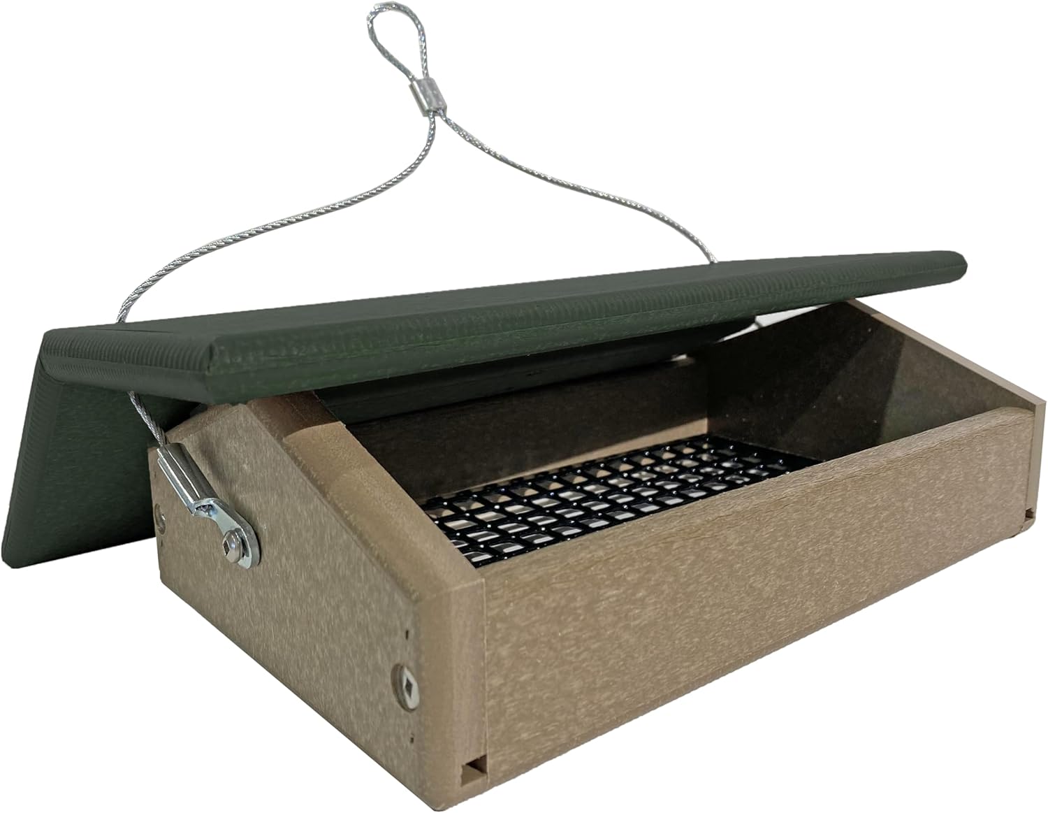 DutchCrafters Plastic Poly Small Upside Down Hanging Wild Bird Feeder with Suet Cake Holder and Removable Roof - Amish Made in USA (Small, Turf Green & Weatherwood)