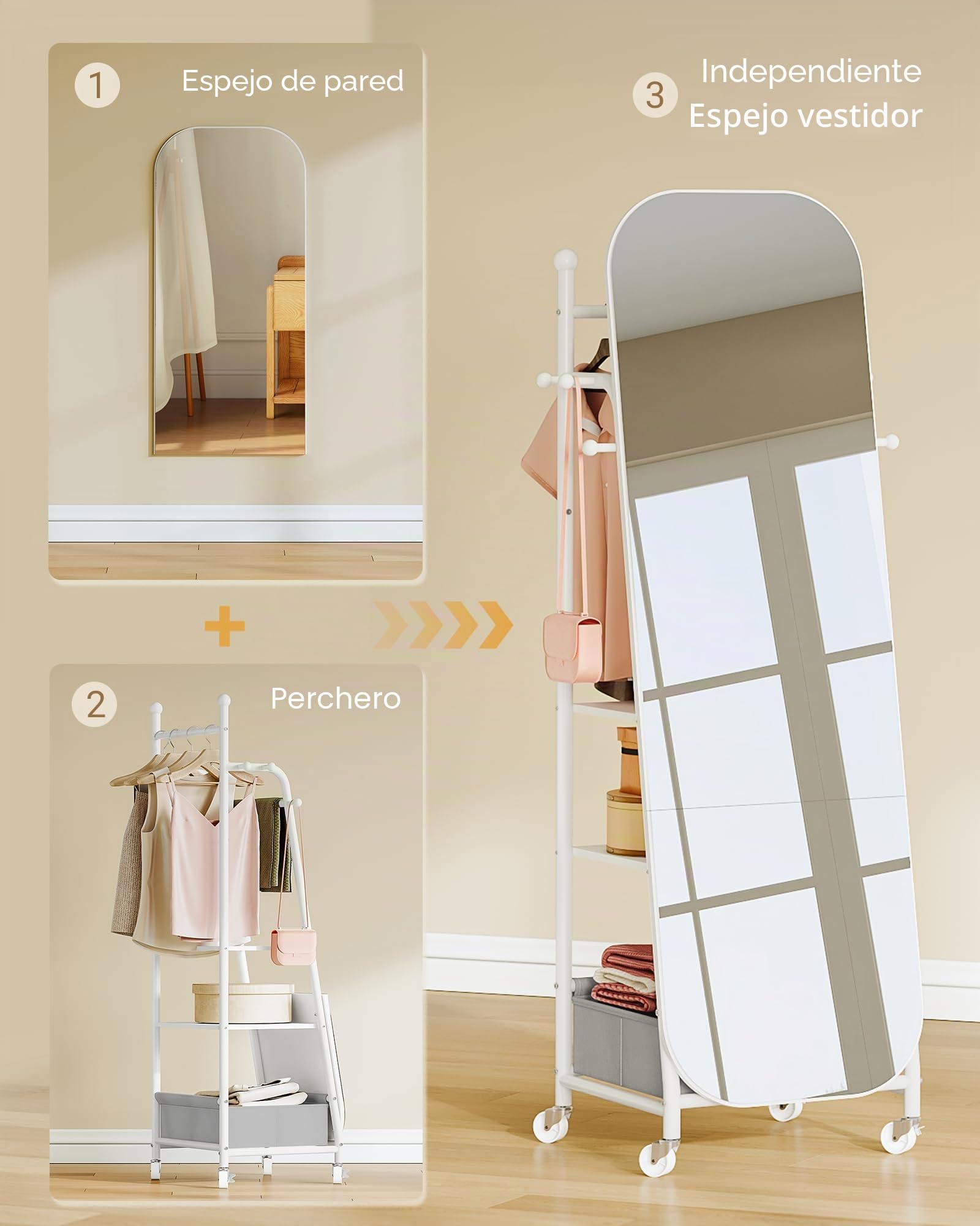 Hzuaneri Espejo de Cuerpo Entero, 160x50cm, Espejo de tocador con Perchero, Ruedas Giratorias de 360°, Espejos grande con caja de almacenamiento y ganchos, para Guardarropa, Dormitorio o Salon, Blanco