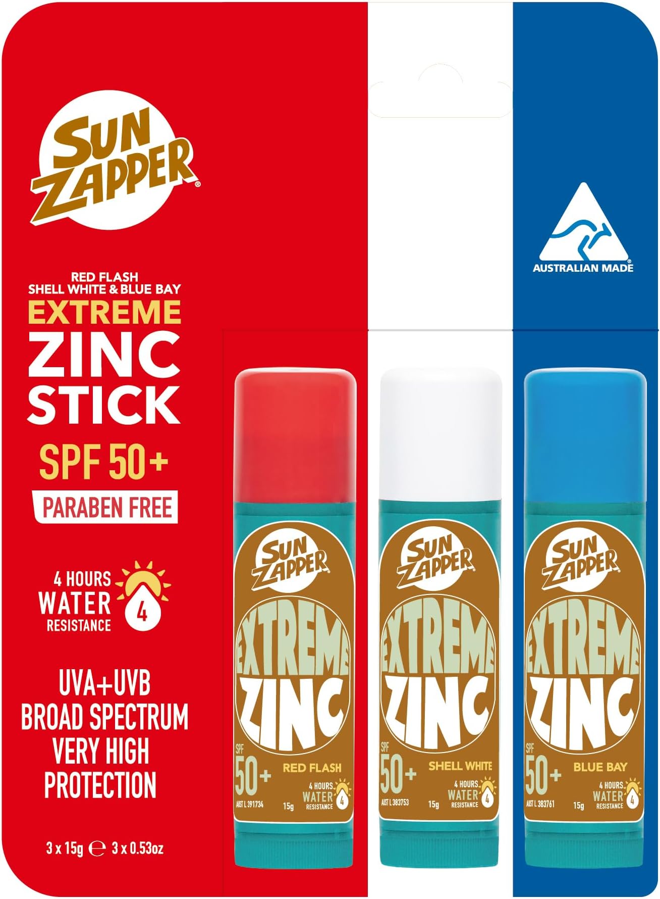 Extreme Zinc Stick - Red, White, Blue Face Sunblock 3-Pack SPF50+ Coloured Zinc Sunscreen Sticks Made in Australia