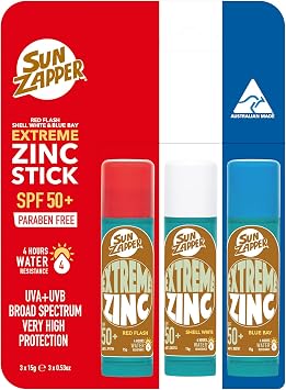 Sun Zapper Extreme Zinc Stick - Red, White, Blue Face Sunblock 3-Pack SPF50+ Coloured Zinc Sunscreen Sticks Made in Australia