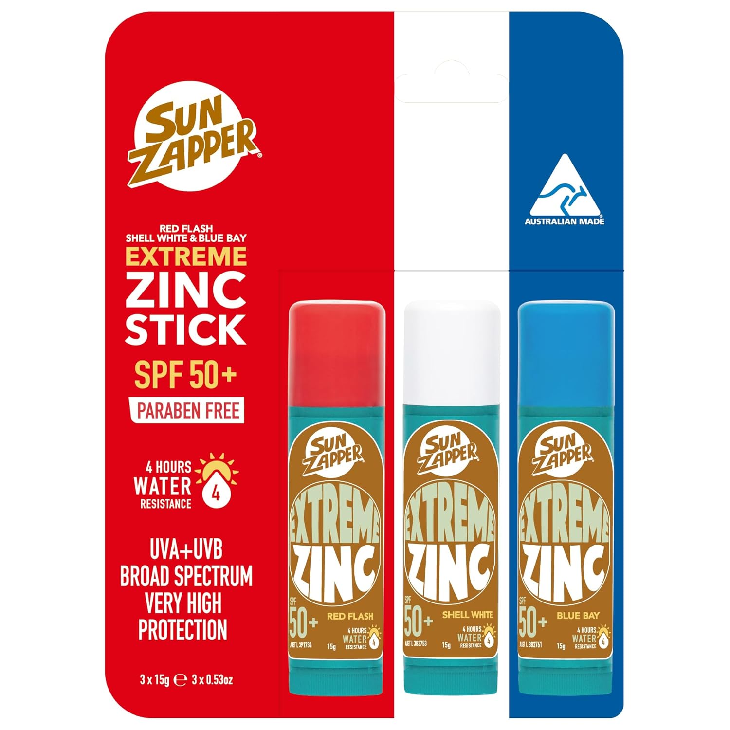 Sun Zapper Extreme Sunscreen Zinc Stick Red, White, Blue