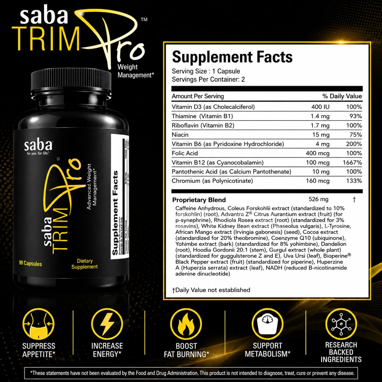 Saba Trim Pro™ Metabolism & Weight Management Support – Thermogenic Formula with CapsiMax®, Phase 2®, Green Tea & Dandelion – Appetite, Energy, Water Retention & Bloating Support – 60 Capsules — Amazon image 2