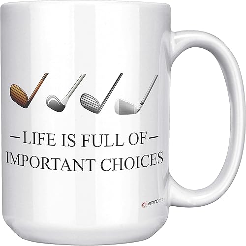 Taza de golf divertida Life Is Full Of Important Choices Taza de café (15 onzas, blanco)