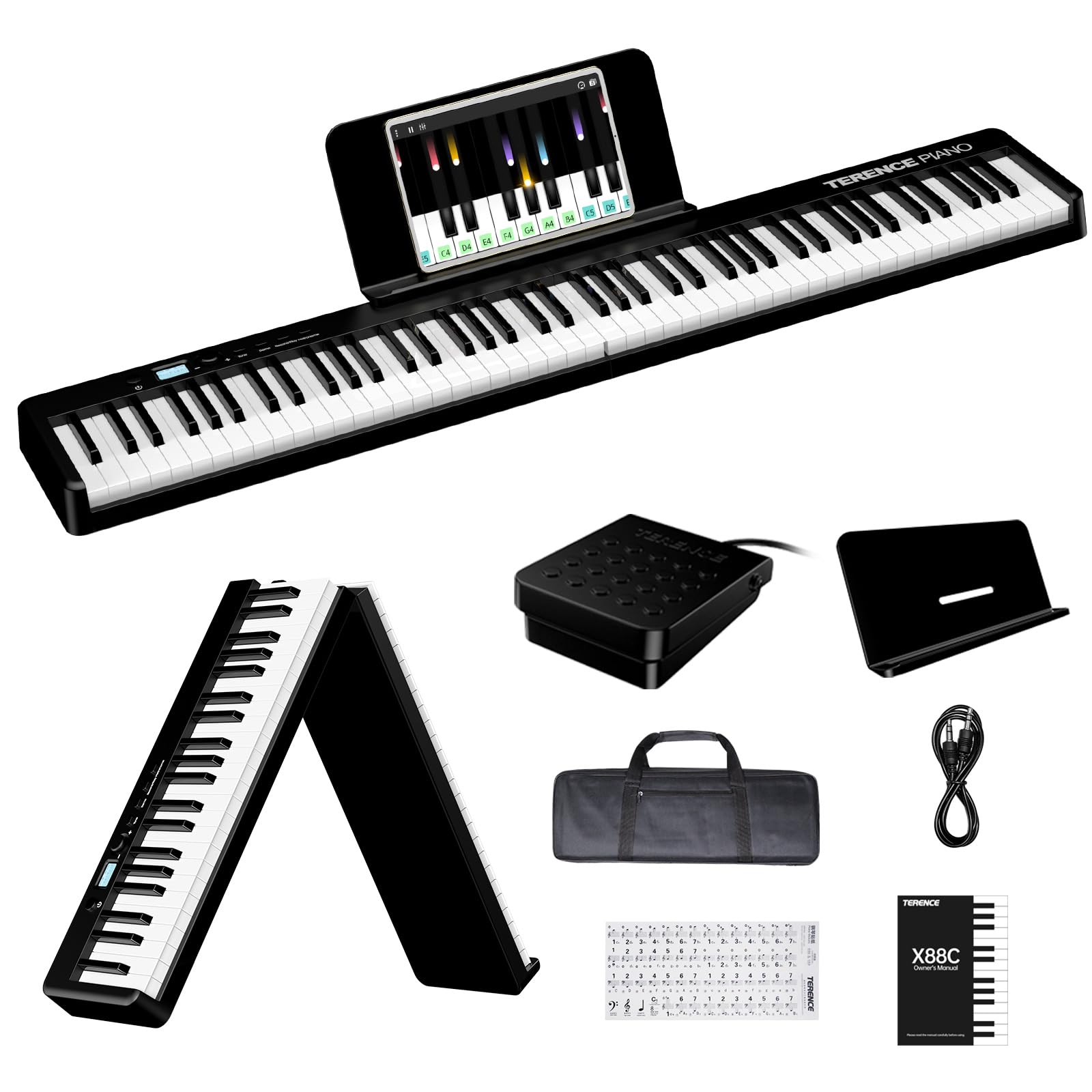 TERENCE 折り畳み 電子ピアノ 88鍵盤 軽量 充電バッテリー内蔵 タッチレスポンス MIDI対応 ブラック X88C