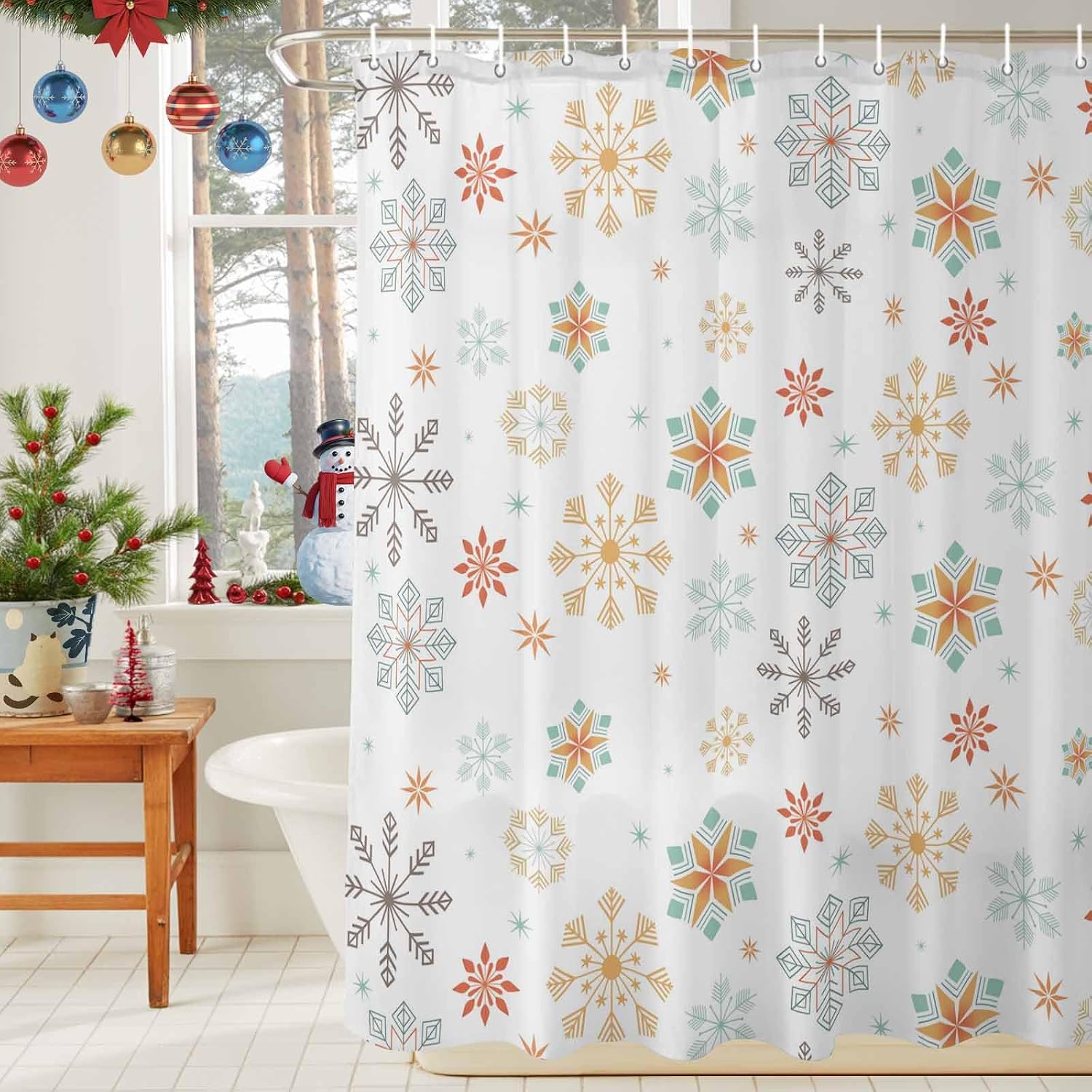 Christmas Snowflake Shower Curtain Set - Extra Long Waterproof Shower Curtain 72 x 78 Inch, Xmas Yellow Teal Snow Winter Holiday Polyester Fabric Bathroom Curtains with 12 Hooks, Bathroom Accessories