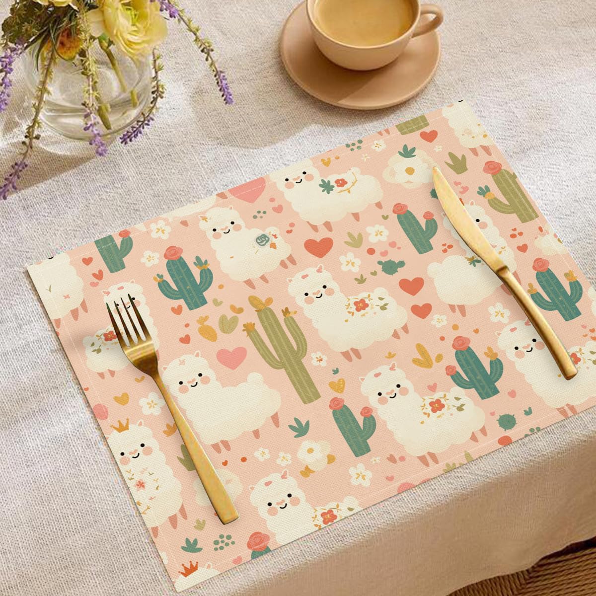 Set de table alpaga blanc motif cactus rose clair lavable 45x30cm