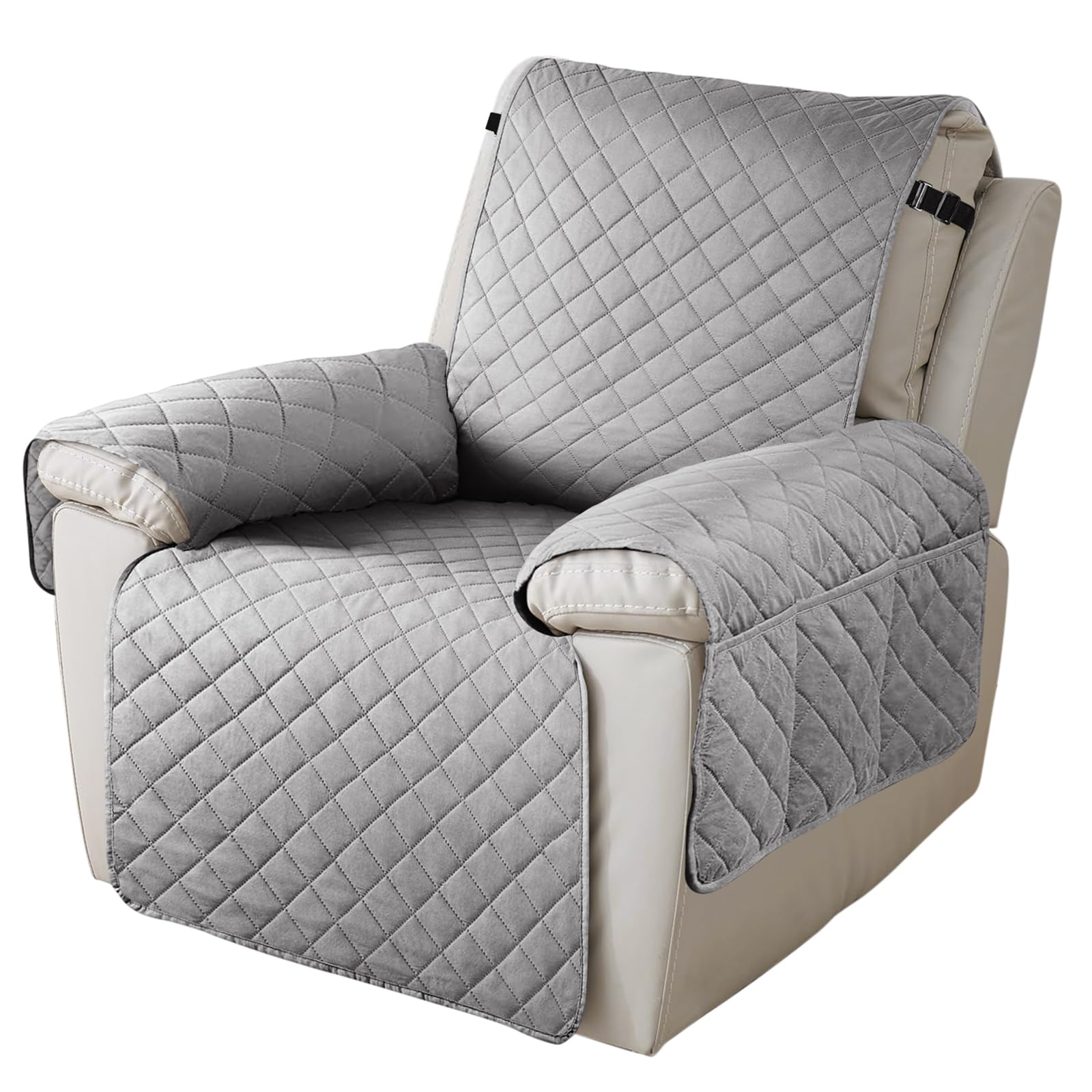 Niuoppy Recliner Chair Covers Slipcover Protectors, Armchair Covers for Recliner Sofa Cover Non-slip, Armchair Slipcovers Protector, with 6 Side Pockets and Tightening Straps (Light Grey, 28IN Width)