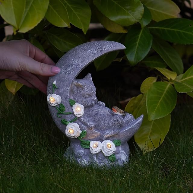 Foto 7 de 8 de Festive Lights - Luz de gato conmemorativa de media luna con efecto de piedra solar de 19 cm con 5 LED…