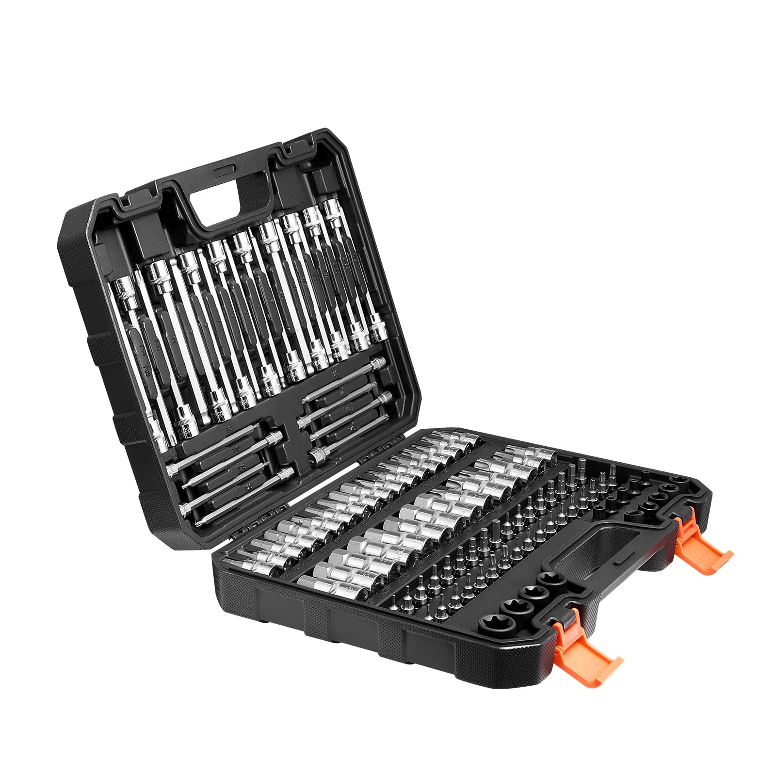 VEVOR Set di Bussole 107 Pezzi SAE e Metriche, Esagonali/Torx/Torx Esterne, Acciaio Legato S2 e Acciaio Cr-V, Attacchi 0,63/0,95/1,27 cm con Custodia di Stoccaggio Migliorata, Uso Manuale