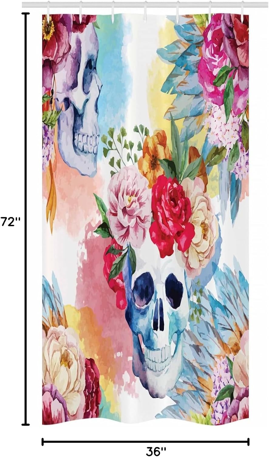 Ambesonne Skull Stall Shower Curtain, Colorful Pattern with Skull Headdress Ornament Portrait Watercolor Effect Art, Fabric Bathroom Decor Set with Hooks, 36" W x 72" L, Red Green