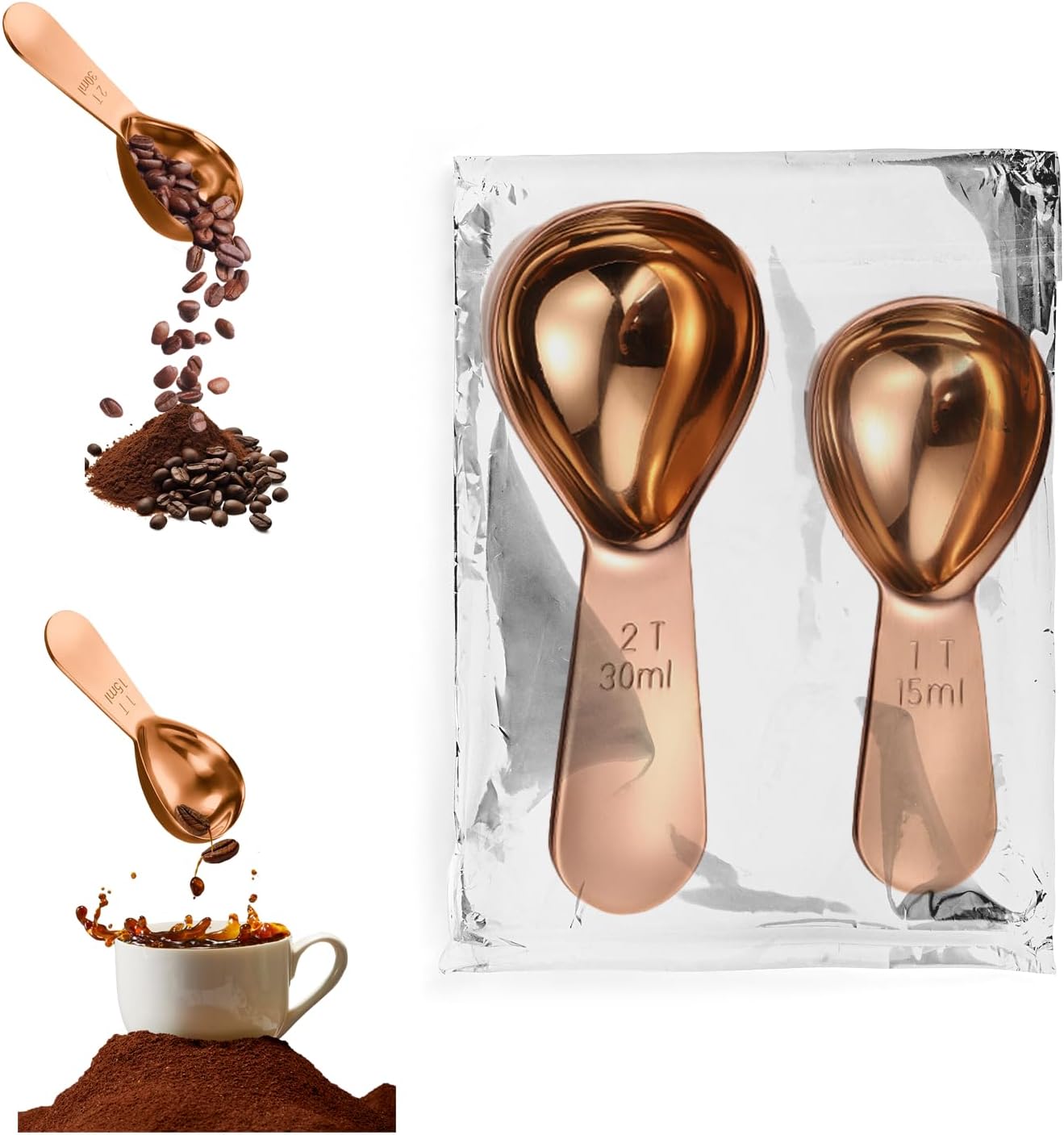 Stainless Steel Coffee Scoop Set, 1 & 2 Tablespoon (15ml & 30ml) Measuring Spoons, Ergonomic Design, Durable Stainless Steel ， Fits Inside Airscape Coffee Canisters (2Pcs Set, Rose Gold)