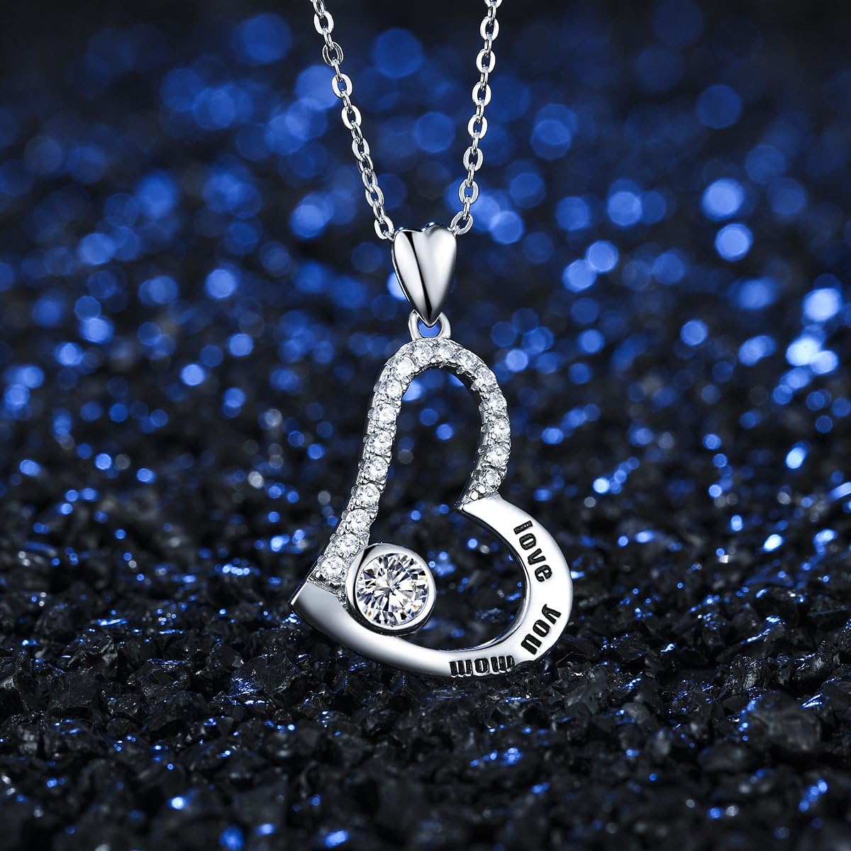 Bonlavie 925 Sterling Silver"Love You Mom" Love Heart Cubic Zirconia Pendant Necklace Gift for Mother - Image 3