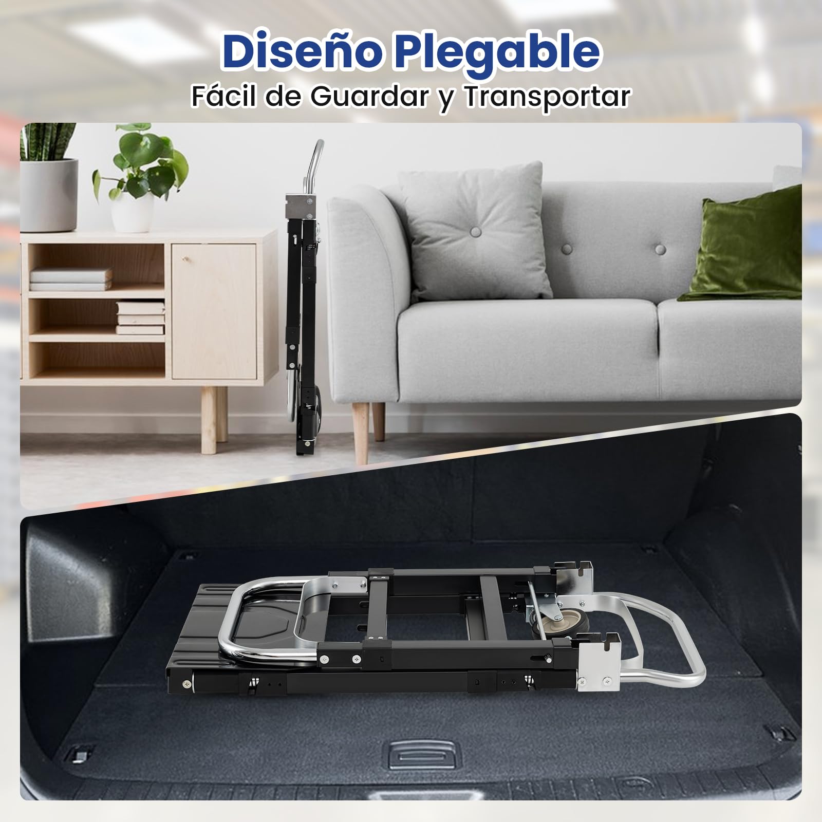GYMAX Carretilla Plegable con 4 Ruedas, Carro de Transporte con Mango Retráctil, Longitud Extensible y Altura Ajustable, Carga de 272 kg, Carro Plataforma para Almacén, Fábrica y Supermercado