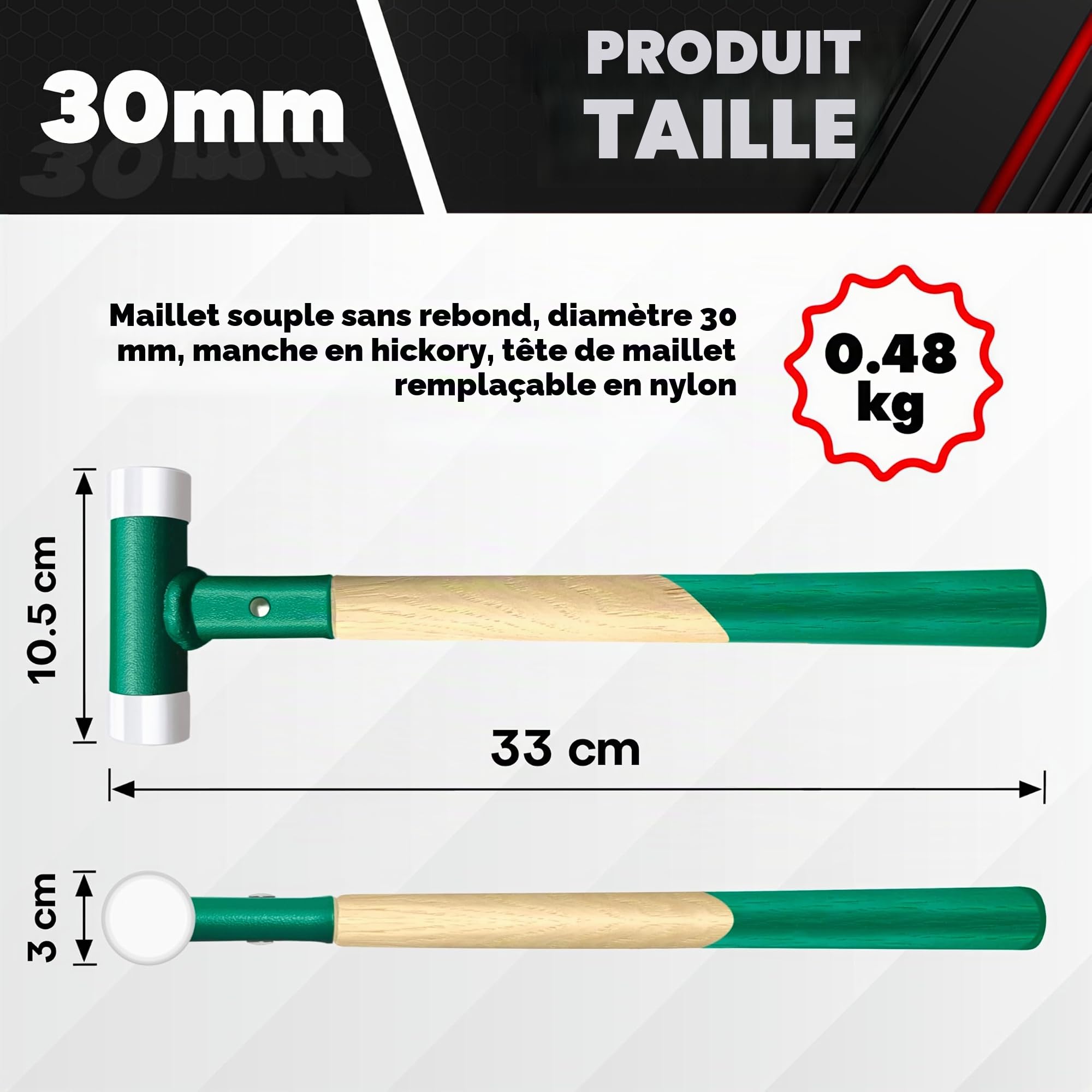C&T Marteau de protection, maillet souple, diamètre : 30 mm, manche en bois avec tête en nylon interchangeable pour l'entretien et le montage, poignée en bois de 30 mm