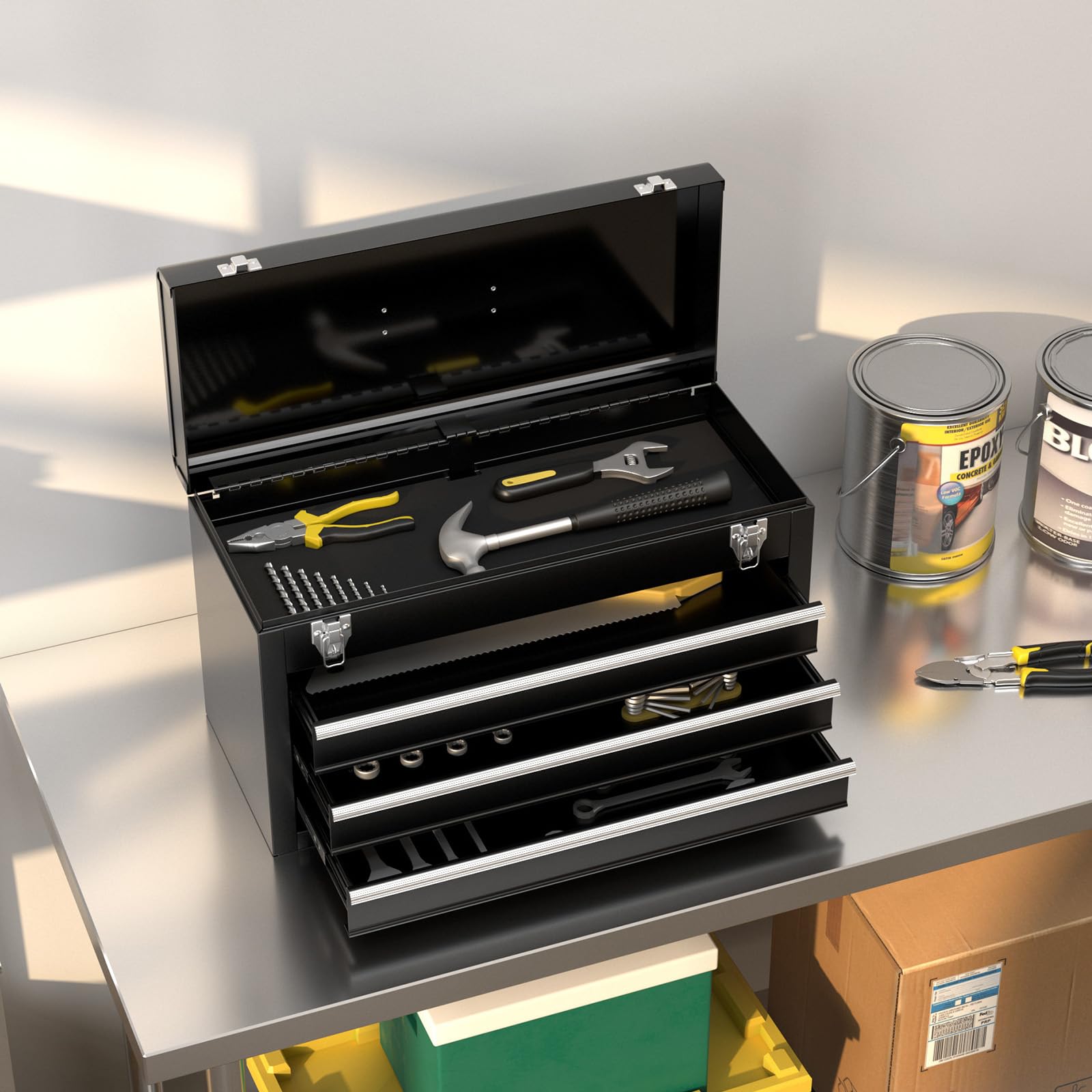 COSTWAY Boîte à Outils en Métal 3 Tiroirs (Noir) | Coffre à Outils avec Plateau de Rangement Supérieur 2 Loquets et Doublures en EVA et Poignée de Transport Charge de Tiroir 10