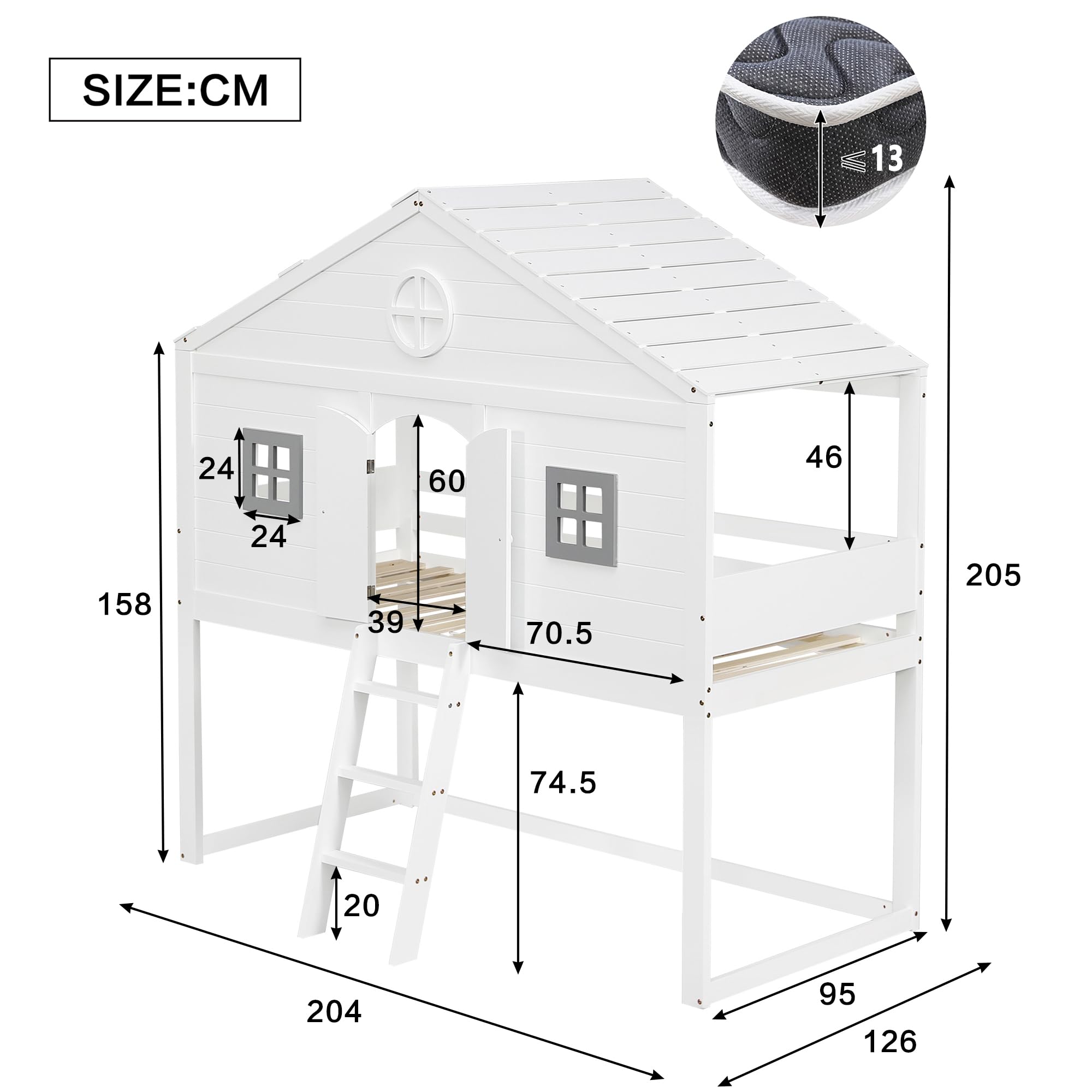 Merax Hochbett 90x200cm, Kinderbett Etagenbett mit Sicherheitsleiter, Rausfallschutz & Lattenrost, Hausbett mit Dach & Fenster, Platzsparendes Stockbett Jugendhochbett, Unterhaltungsbereich, Weiß