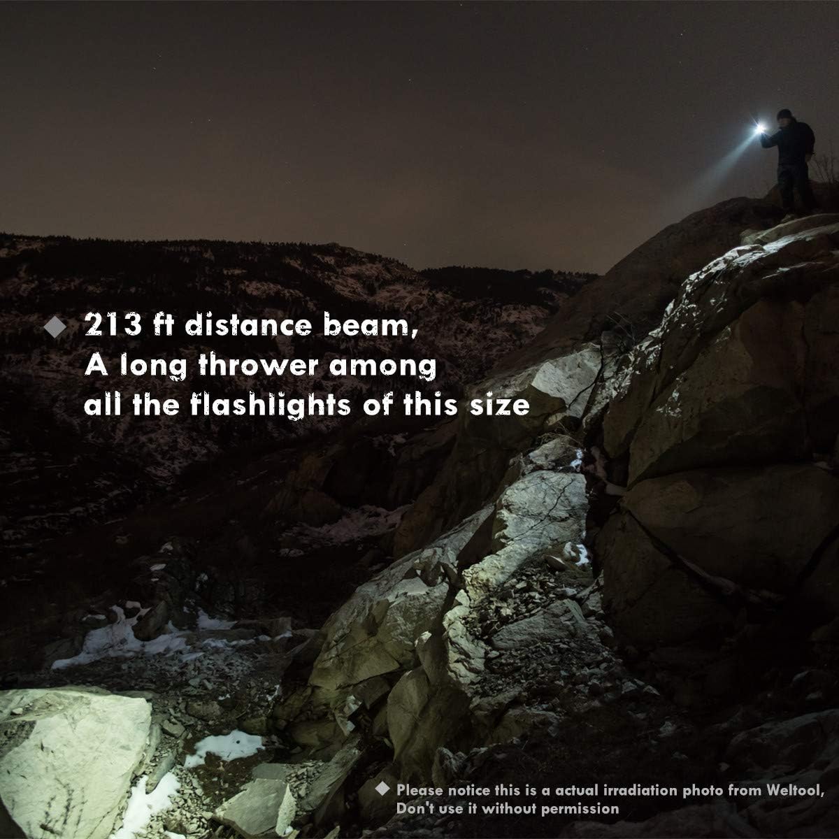 Image showing a person using the Weltool T1 flashlight to illuminate a rocky outdoor environment at night, demonstrating its 213 ft distance beam.